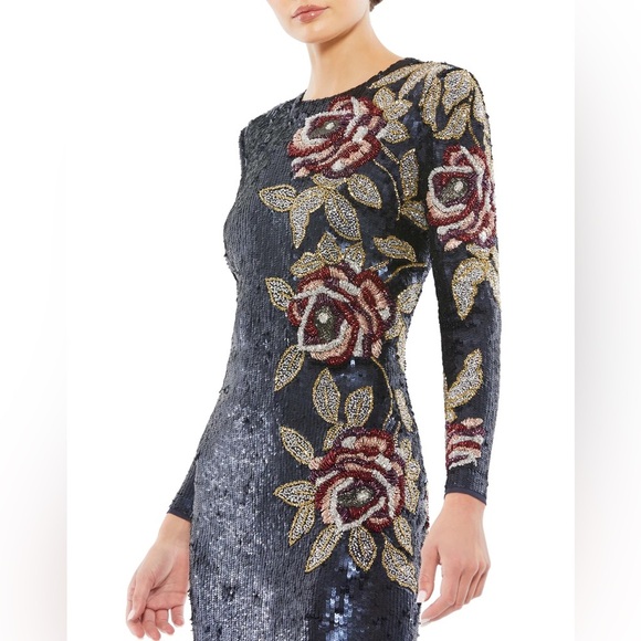 Mac Duggal SEQUINED ASYMMETRICAL FLORAL LONG SLEEVE MIDI DRESS in midnight - Picture 4 of 17